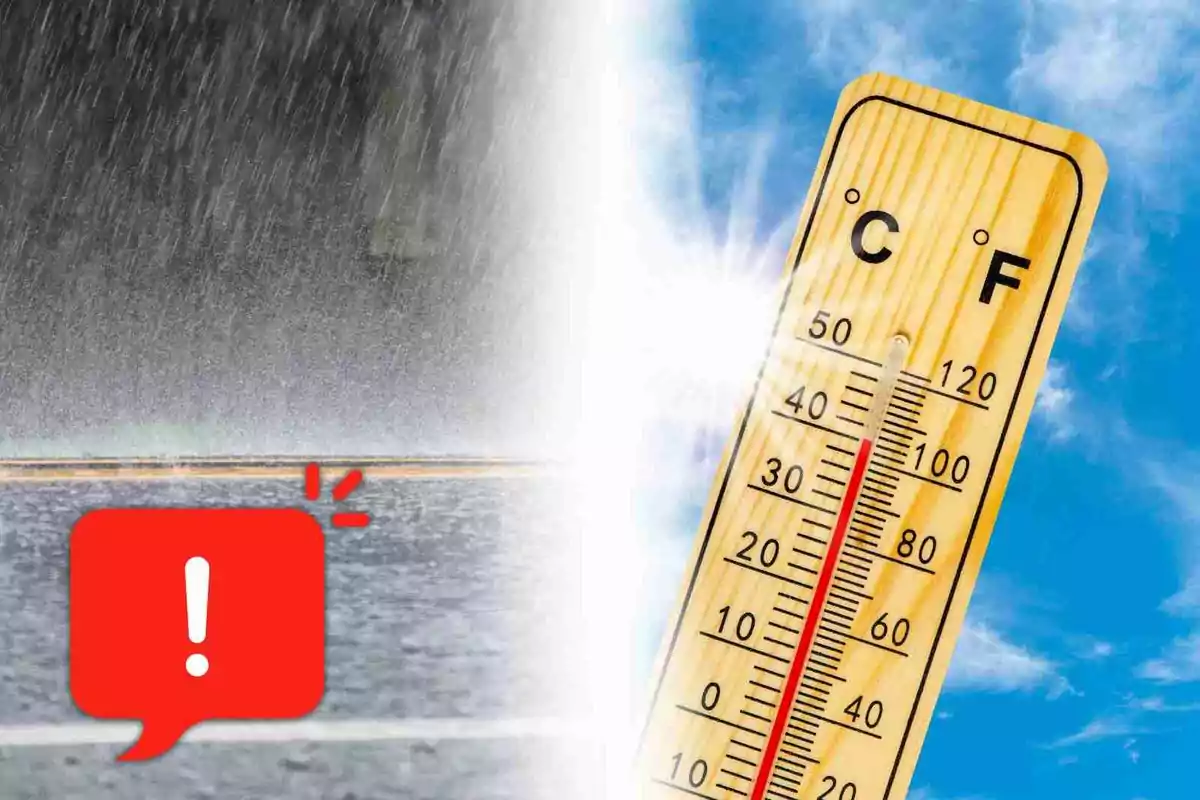La meitat de la imatge mostra pluja intensa i l’altra meitat un termòmetre marcant una temperatura alta sota el sol amb una icona d’advertència a la part inferior esquerra. La meitat de la imatge mostra pluja intensa i l’altra meitat un termòmetre marcant una temperatura alta sota el sol amb una icona d’advertència a la part inferior esquerra.