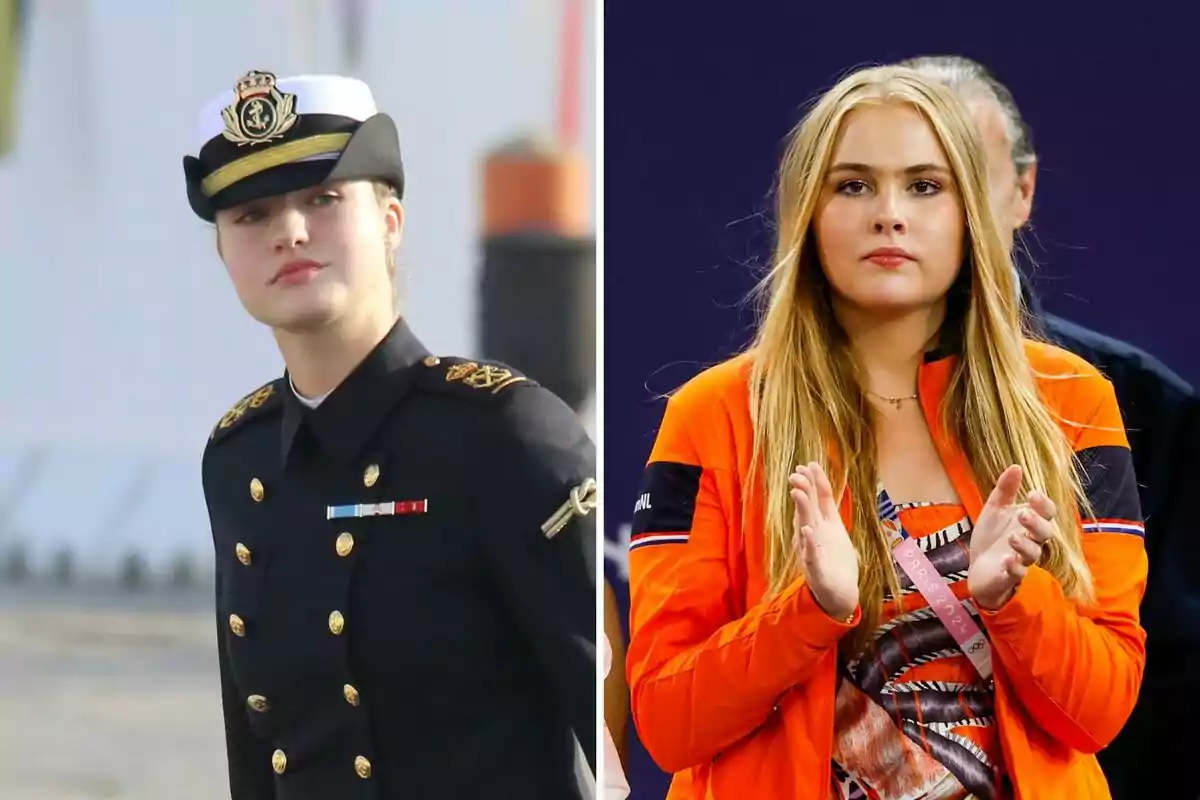 Princess Leonor and Amalia of the Netherlands, one dressed in a military uniform and the other in an orange jacket, appear in a split image.
