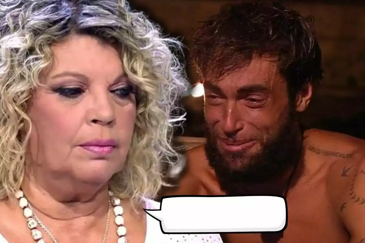 Terelu Campos mira seriosa cap a Montoya, que sembla estar plorant i té una bafarada de diàleg buida davant seu.