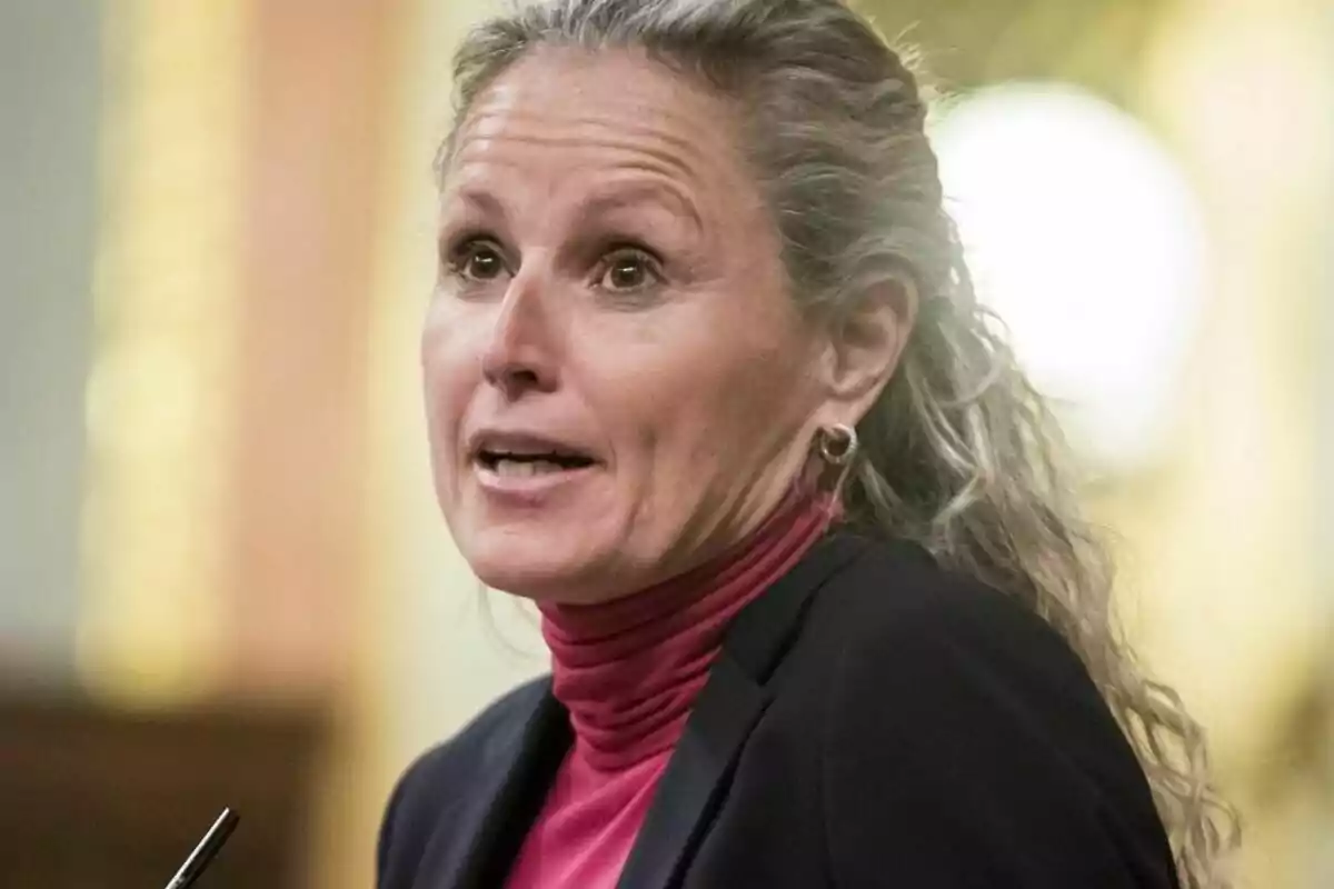 Dona de cabells rossos i arrissats recollits, amb una jaqueta fosca i jersei rosa, parlant en un entorn formal