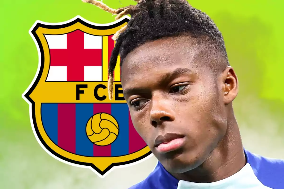 Soccer player in profile with the FC Barcelona crest in the background on a green backdrop