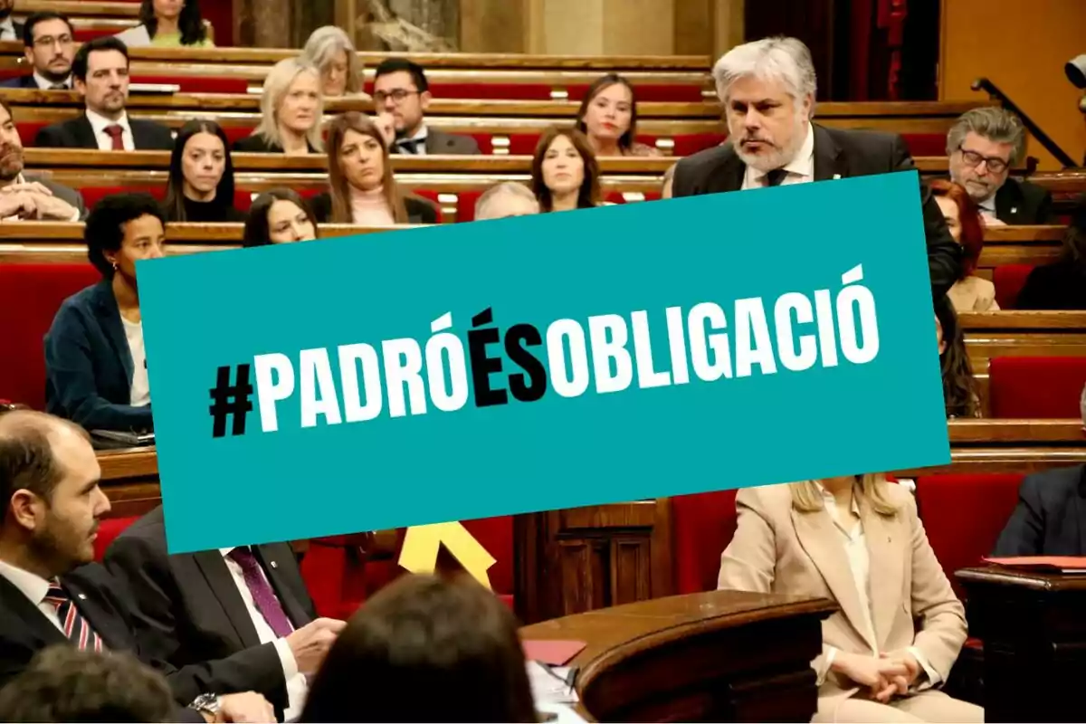 Persones assegudes en un parlament amb un cartell gran al centre que diu #PadróÉsObligació