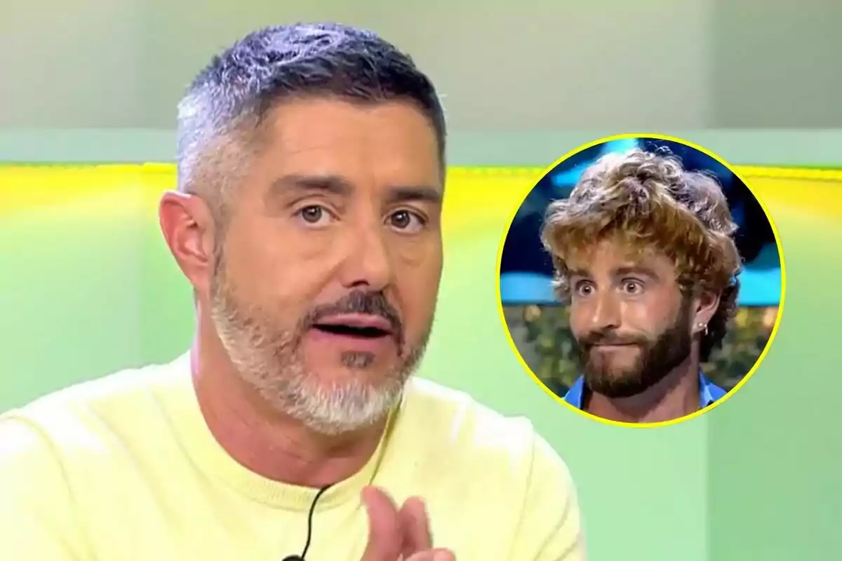 Pepe del Real de cabell curt i barba parlant a Vamos a ver amb la imatge de Pelayo Díaz de cabell arrissat i barba a Supervivientes dins d’un cercle groc a la cantonada superior dreta