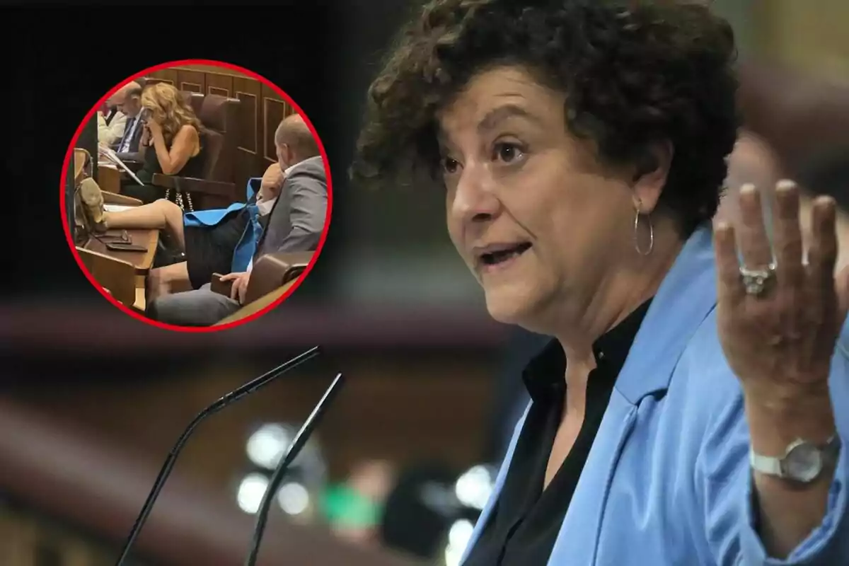 Dona de cabell arrissat i jaqueta blava parlant en un faristol amb un cercle que mostra diverses persones assegudes en un recinte parlamentari.