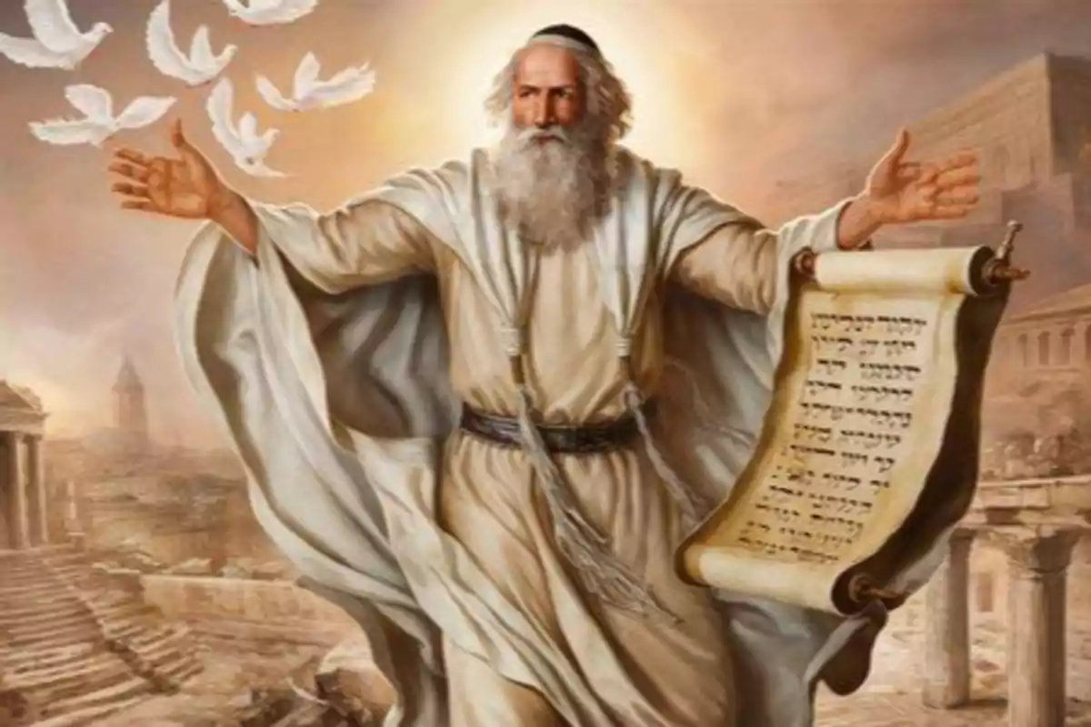 Home de barba blanca amb túnica clara sostenint un pergamí amb lletres hebrees mentre diversos coloms blancs volen al seu voltant en un entorn antic Home de barba blanca amb túnica clara sostenint un pergamí amb lletres hebrees mentre diversos coloms blancs volen al seu voltant en un entorn antic