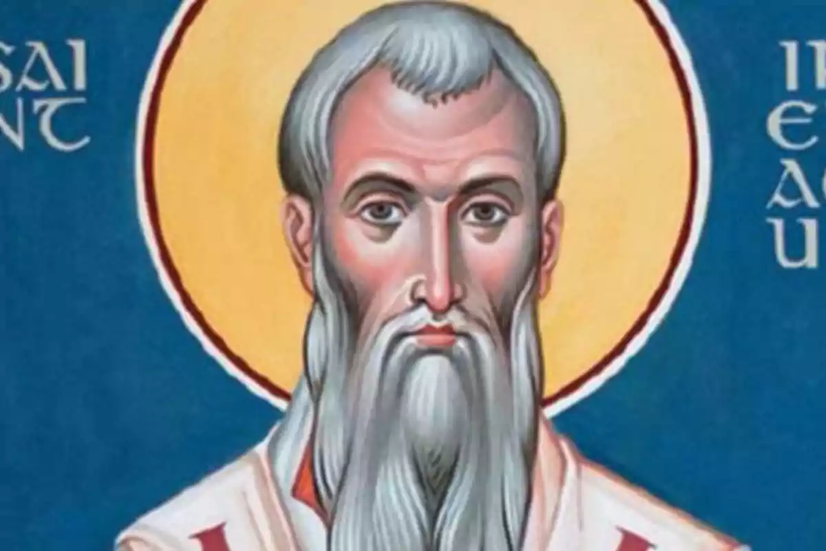 Pintura religiosa d’un home amb barba llarga i cabells canosos sobre fons blau i halo daurat