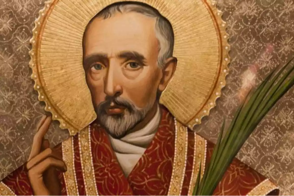 Pintura religiosa d’un sant amb aureola daurada, vestimenta vermella decorada i una palma verda a la mà Pintura religiosa d’un sant amb aureola daurada, vestimenta vermella decorada i una palma verda a la mà