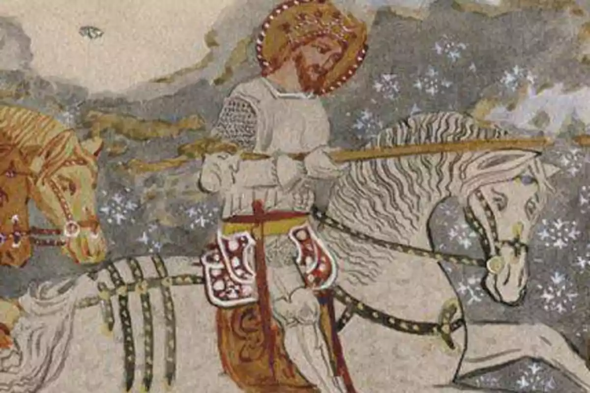 Il·lustració d’un cavaller medieval amb armadura i corona muntant un cavall blanc decorat, acompanyat d’un altre cavall, amb un fons de cel estrellat.