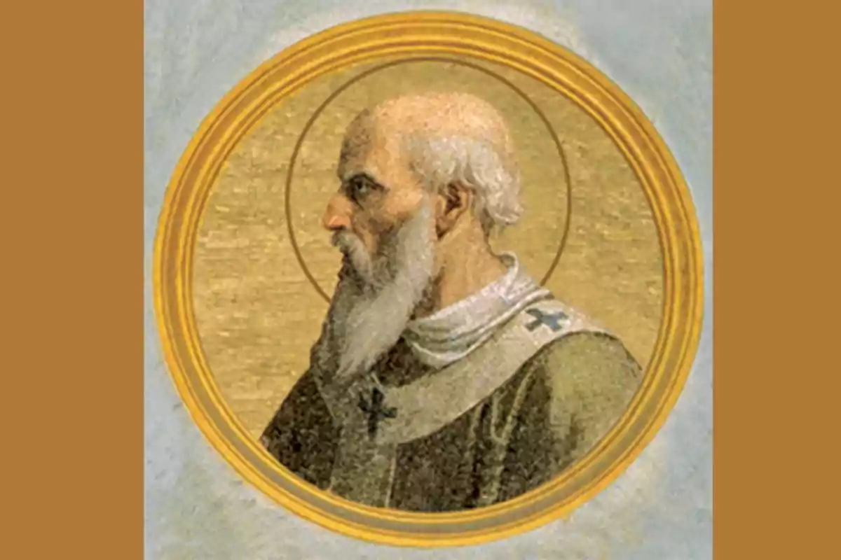 Retrat d’un home gran amb barba blanca i túnica religiosa dins d’un marc circular daurat sobre fons daurat i marró. Retrat d’un home gran amb barba blanca i túnica religiosa dins d’un marc circular daurat sobre fons daurat i marró.