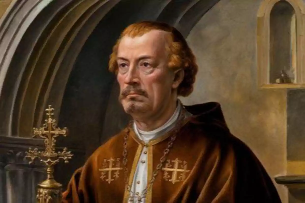 Retrat d’un home amb vestimenta religiosa marró i blanca sostenint una creu daurada a l’interior d’una església Retrat d’un home amb vestimenta religiosa marró i blanca sostenint una creu daurada a l’interior d’una església