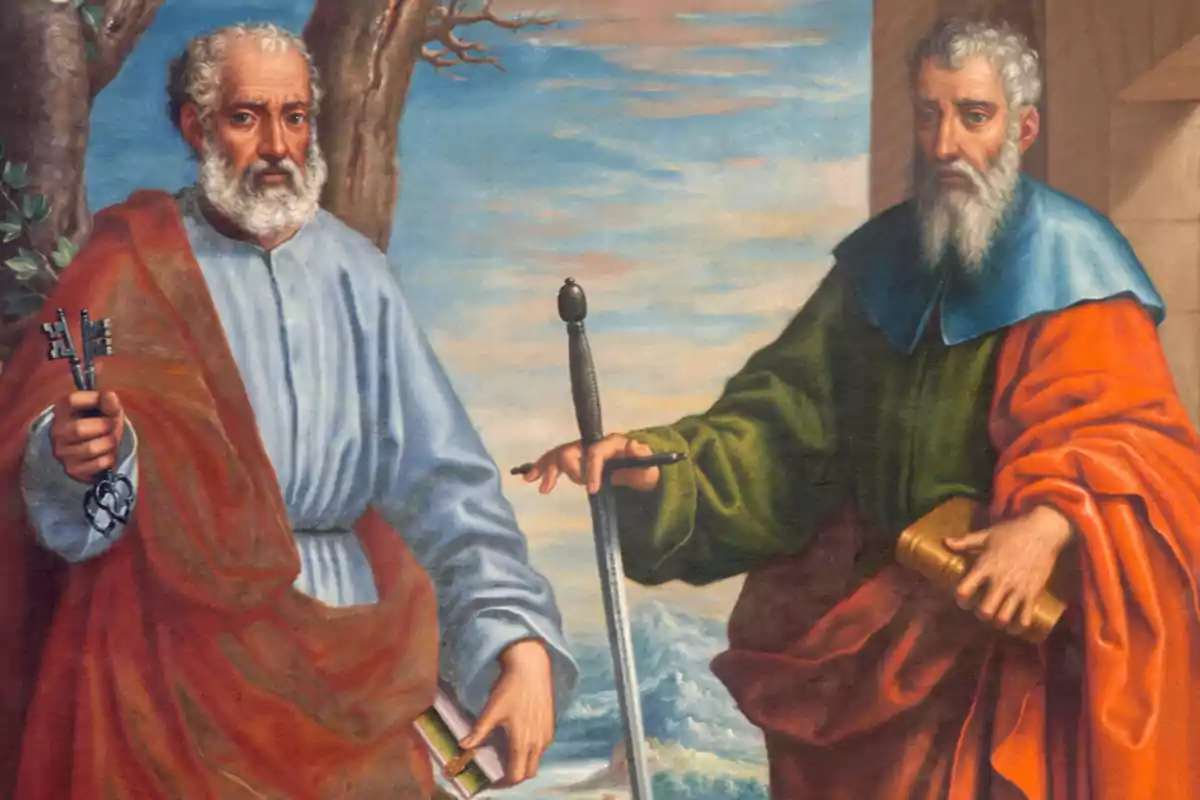 Dos homes de barba i cabell canós vestits amb túniques de colors, un sosté unes claus i un llibre mentre l'altre sosté una espasa i un pergamí amb un paisatge de fons.