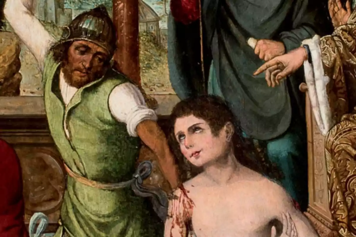 Pintura antiga que mostra un home amb armadura aixecant el braç mentre una persona ferida i mig despullada el mira amb expressió serena