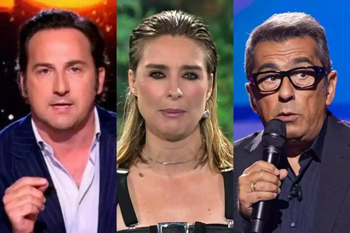 Tres persones en primer pla, Iker Jiménez a Horizonte, Sandra Barneda a Supervivientes i Andreu Buenafuente a Futur Imperfect, cadascuna en un entorn diferent, mirant cap a la càmera.