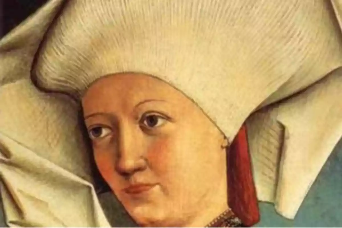 Retrat d’una dona amb un tocat blanc gran i elaborat d’estil medieval Retrat d’una dona amb un tocat blanc gran i elaborat d’estil medieval