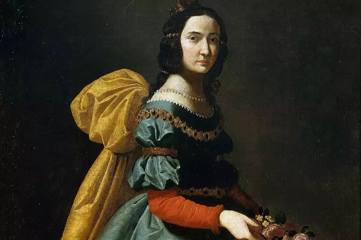 Retrat d’una dona amb vestit elegant i llaç daurat sostenint flors
