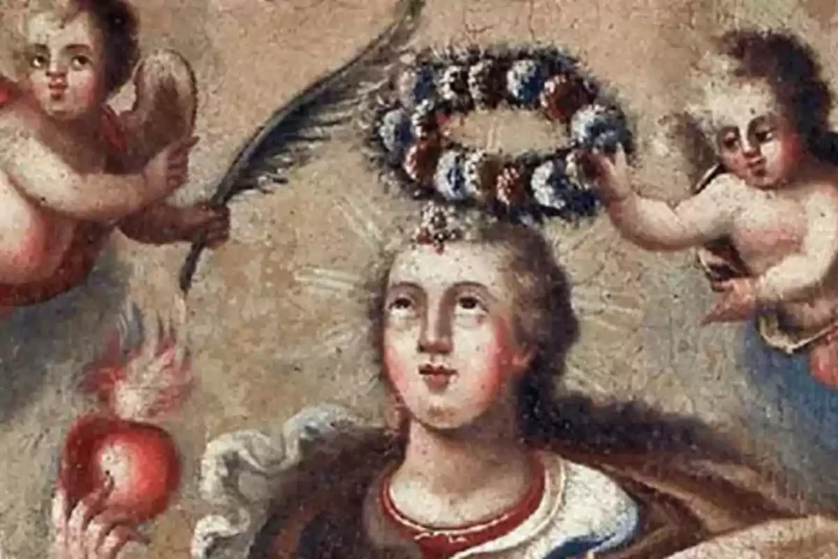 Pintura religiosa amb una figura femenina coronada per àngels i envoltada de símbols sagrats Pintura religiosa amb una figura femenina coronada per àngels i envoltada de símbols sagrats