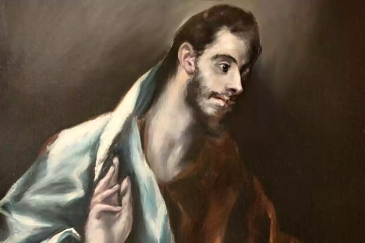 Pintura d’un home amb barba i cabells foscos, vestit amb una túnica marró i un mantell blau clar, sobre un fons fosc.