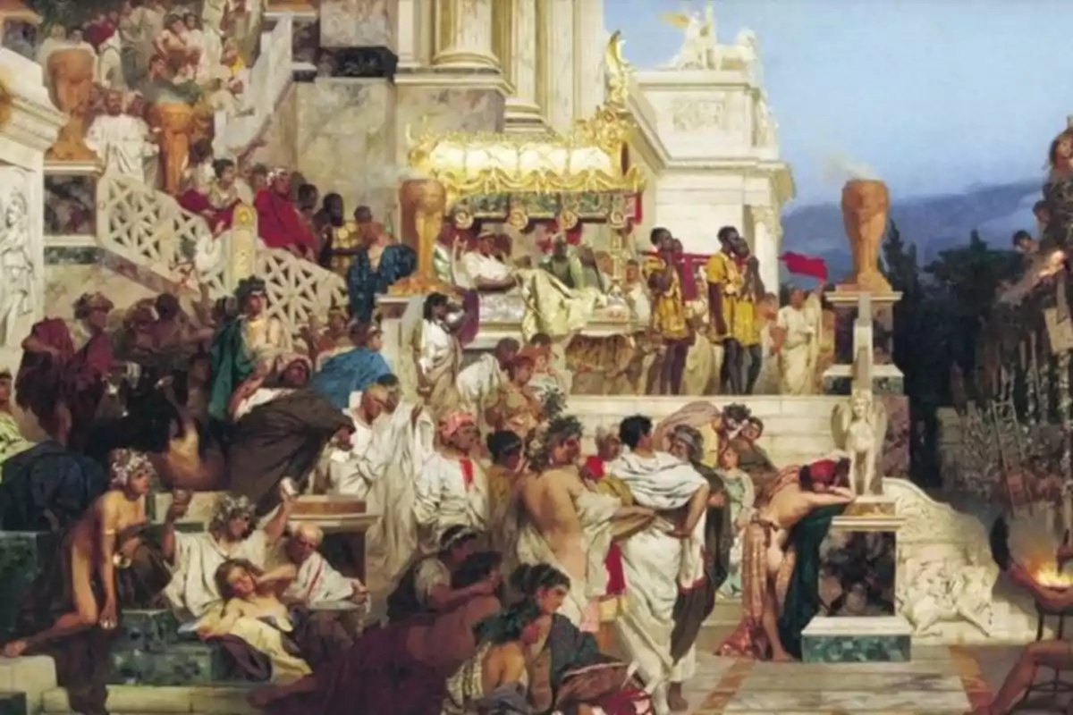 Pintura que mostra una escena de l’antiga Roma amb moltes persones reunides en una celebració luxosa en un entorn arquitectònic clàssic Pintura que mostra una escena de l’antiga Roma amb moltes persones reunides en una celebració luxosa en un entorn arquitectònic clàssic