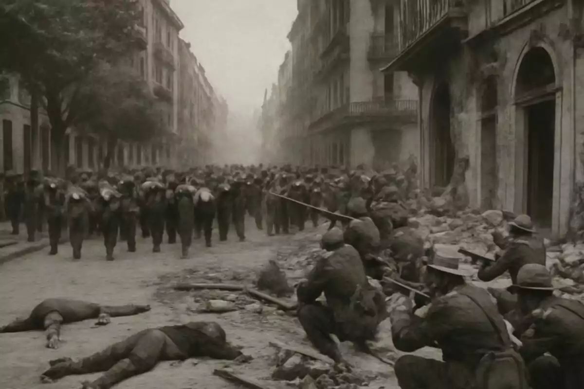 Soldats armats s’enfronten en un carrer destruït mentre un grup de presoners avança amb les mans al cap i diversos cossos jeuen a terra durant la Setmana Tràgica de Barcelona de 1909. Soldats armats s’enfronten en un carrer destruït mentre un grup de presoners avança amb les mans al cap i diversos cossos jeuen a terra durant la Setmana Tràgica de Barcelona de 1909.