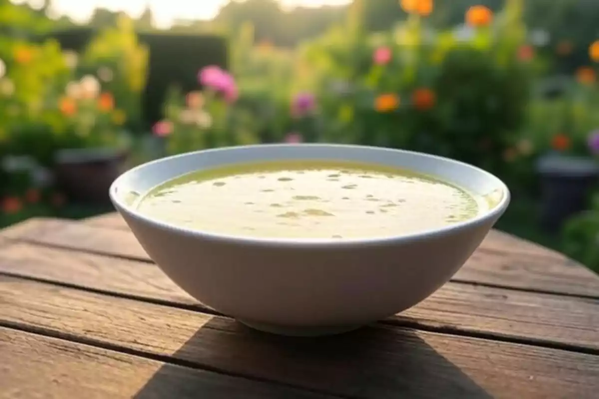 Bol blanc amb sopa de meló sobre una taula de fusta en un jardí amb flors al fons Bol blanc amb sopa de meló sobre una taula de fusta en un jardí amb flors al fons
