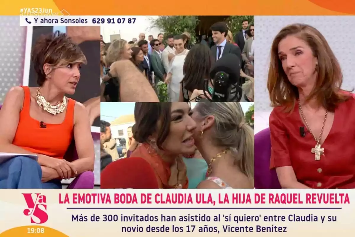 Y ahora Sonsoles mostrant imatges d’un casament amb diverses persones conversant i Sonsoles Ónega i Paloma García-Pelayo a l’estudi, una d’elles vestida de taronja i l’altra de vermell, amb un titular sobre l’emotiu casament de Claudia Ula, filla de Raquel Revuelta. Y ahora Sonsoles mostrant imatges d’un casament amb diverses persones conversant i Sonsoles Ónega i Paloma García-Pelayo a l’estudi, una d’elles vestida de taronja i l’altra de vermell, amb un titular sobre l’emotiu casament de Claudia Ula, filla de Raquel Revuelta.