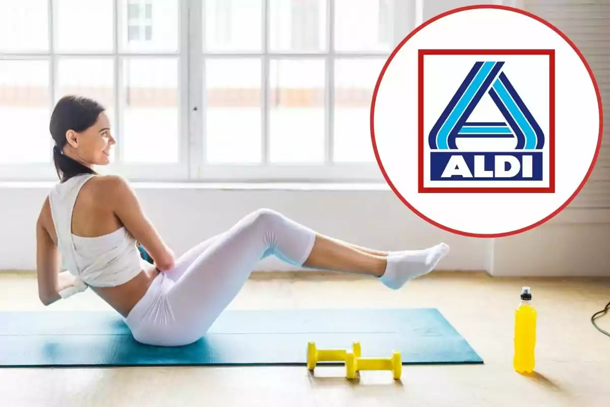 Mujer haciendo ejercicio en una esterilla azul junto a unas pesas amarillas y una botella, con el logo de ALDI en la esquina superior derecha