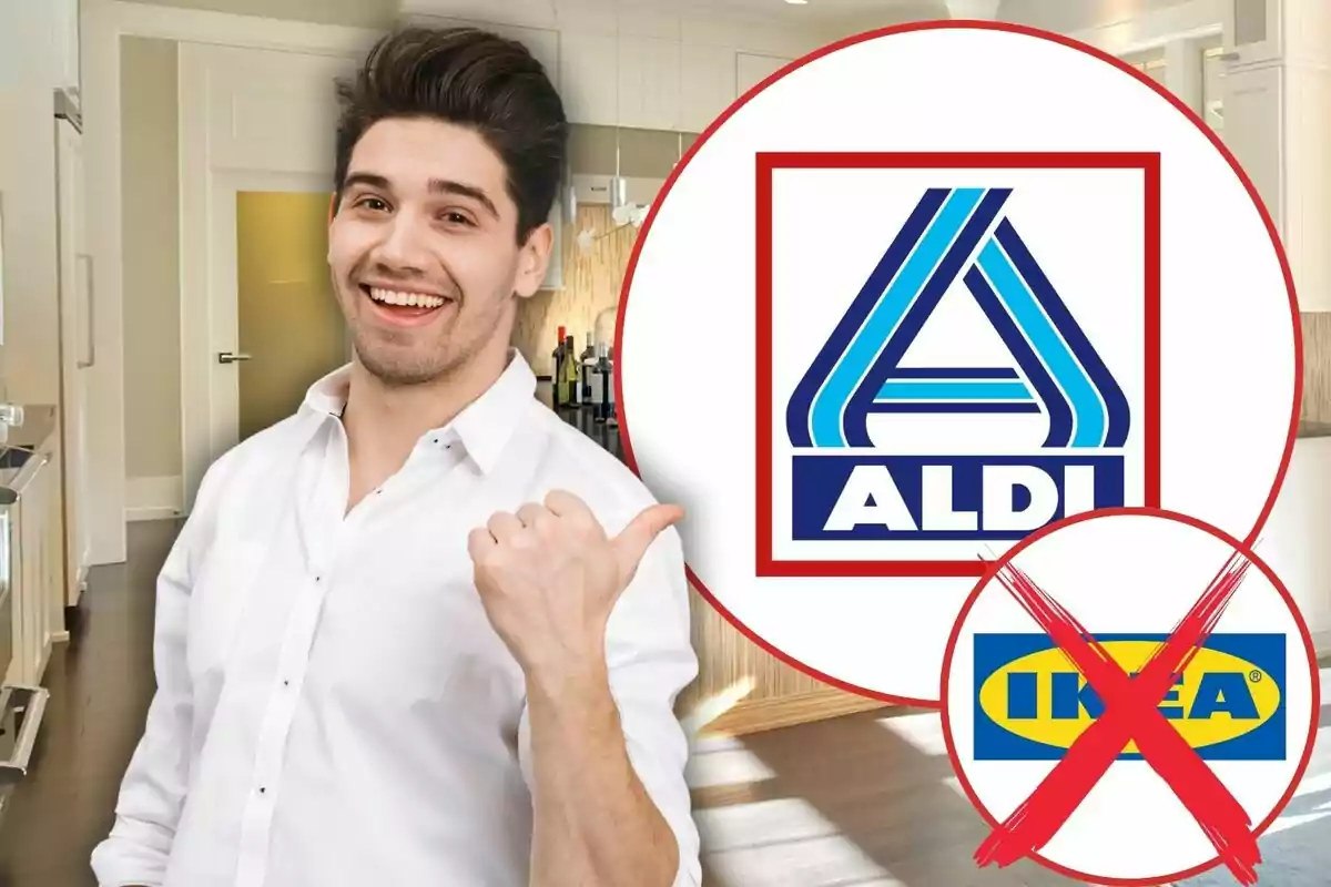 Hombre sonriente señalando el logo de Aldi mientras el logo de Ikea aparece tachado