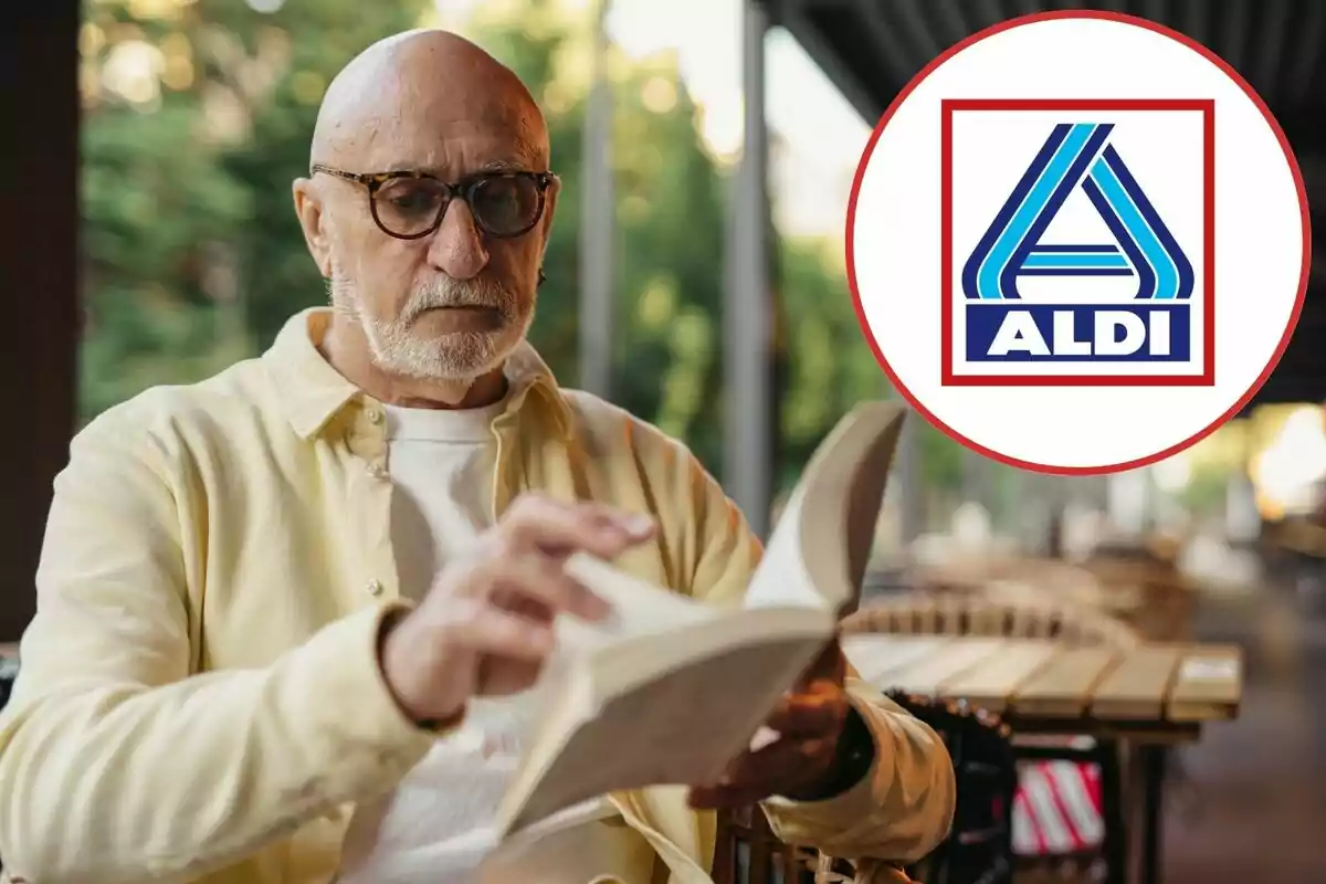 Hombre mayor con gafas leyendo un libro en una terraza con el logo de ALDI en la esquina superior derecha Hombre mayor con gafas leyendo un libro en una terraza con el logo de ALDI en la esquina superior derecha