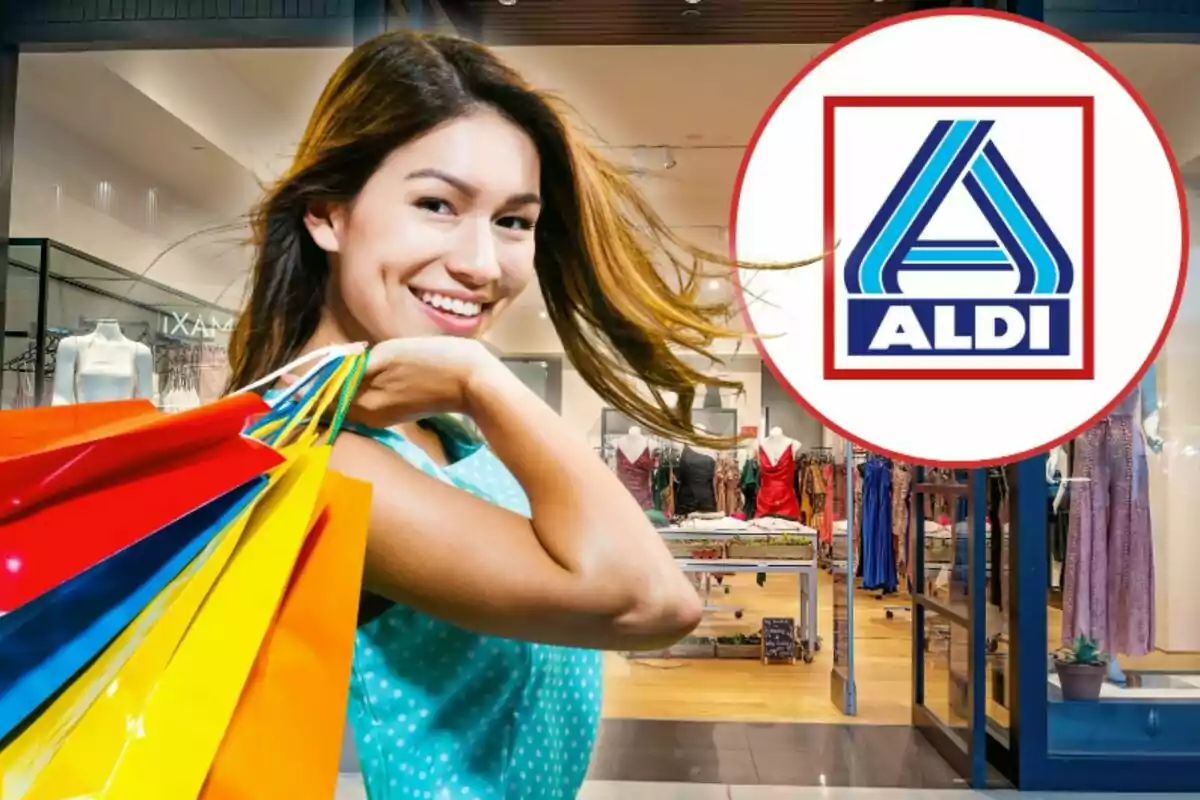 Mujer sonriente con bolsas de compras de colores frente a una tienda de ropa y el logo de ALDI en la esquina