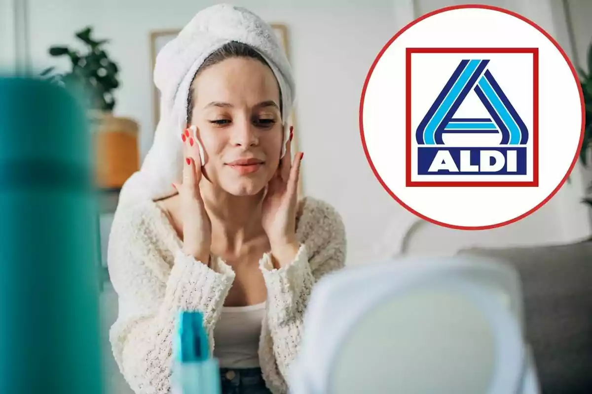 Mujer con toalla en la cabeza aplicando crema facial frente a un espejo con el logo de ALDI en la esquina superior derecha
