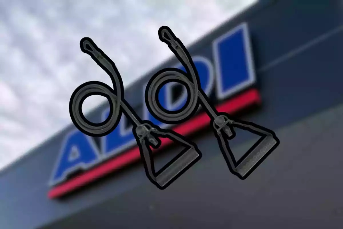 Dos manerales de resistencia para ejercicio frente a un letrero borroso de una tienda Aldi Dos manerales de resistencia para ejercicio frente a un letrero borroso de una tienda Aldi