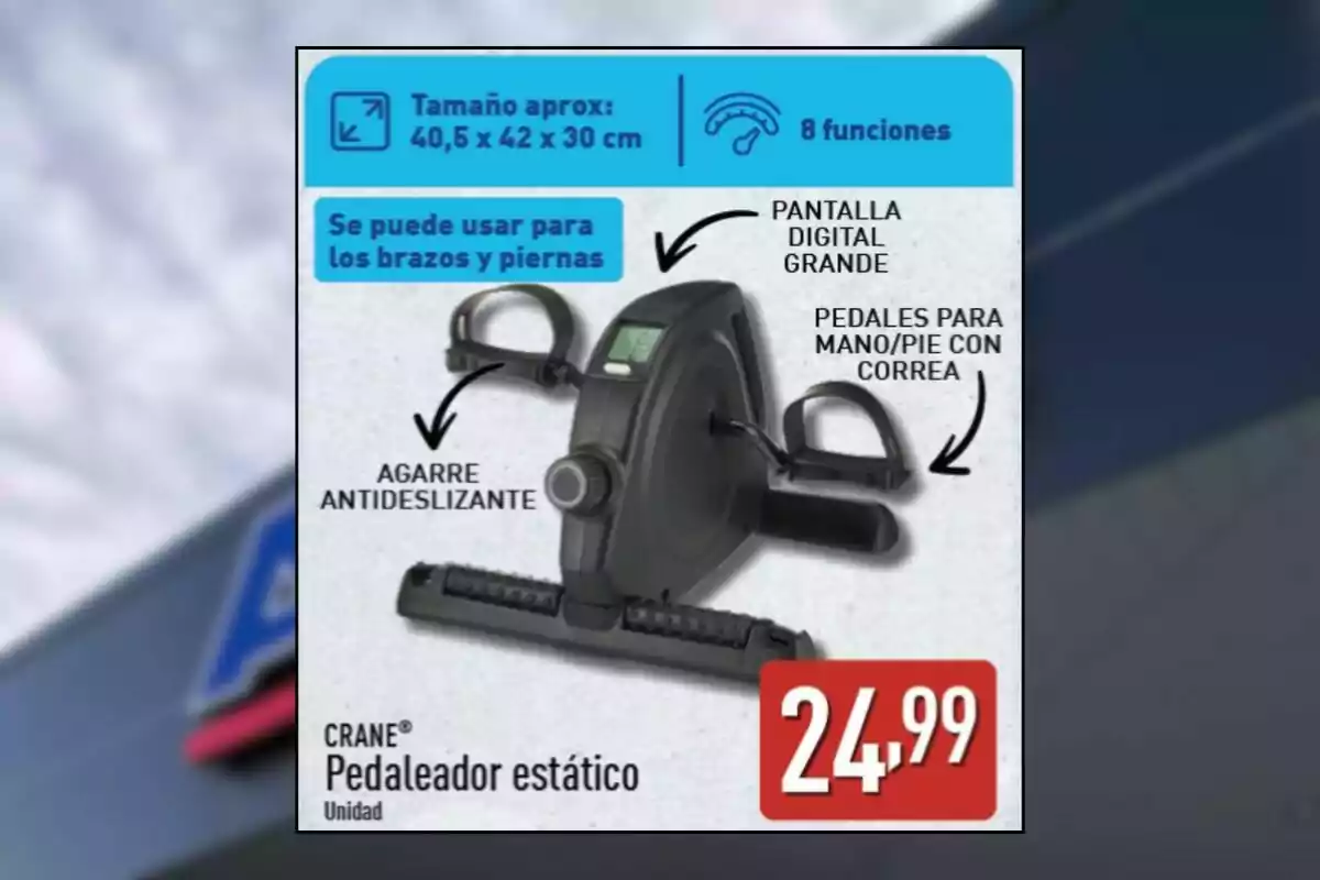 Publicidad de un pedaleador estático marca Crane con pantalla digital, pedales con correa, agarre antideslizante, ocho funciones y precio de 24.99 Publicidad de un pedaleador estático marca Crane con pantalla digital, pedales con correa, agarre antideslizante, ocho funciones y precio de 24.99