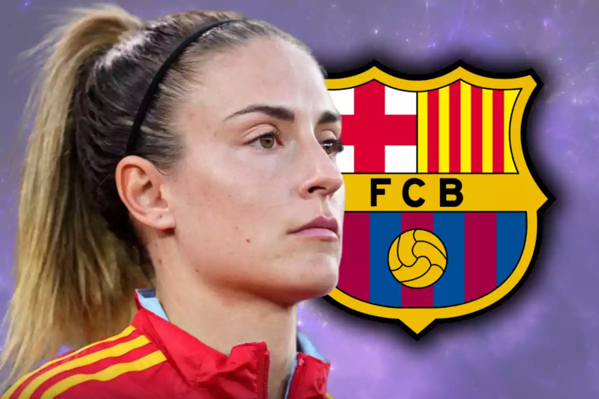 Soccer player in a red and yellow jacket in the foreground with the FC Barcelona crest in the background