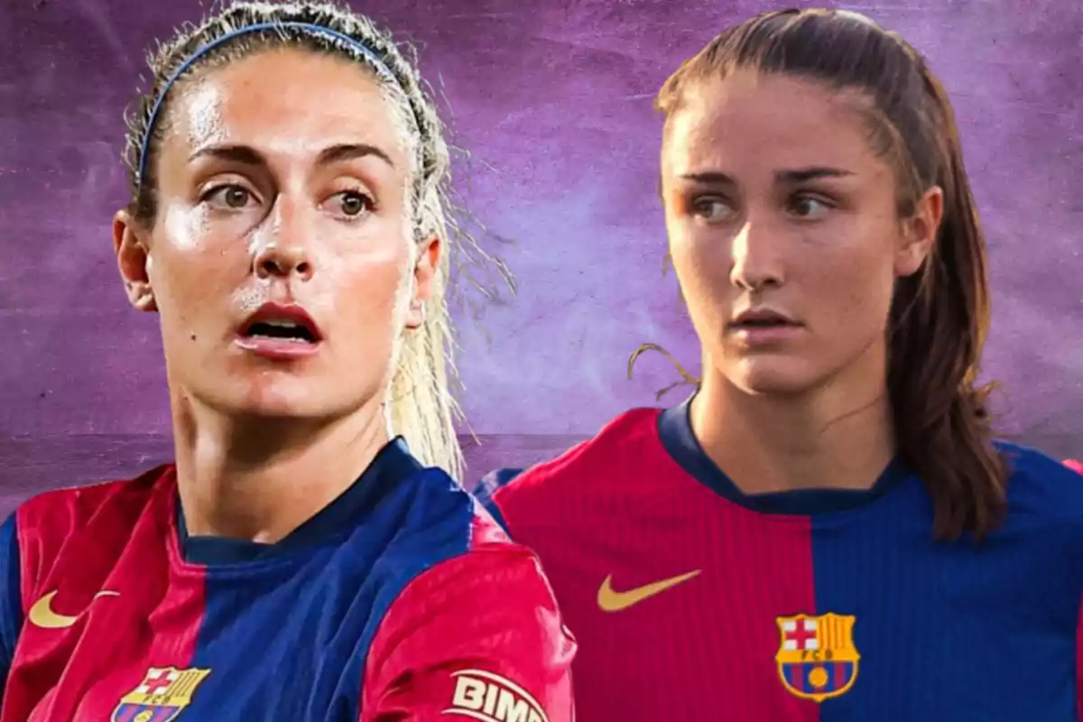 Two FC Barcelona women's players in blue and red uniforms against a purple background