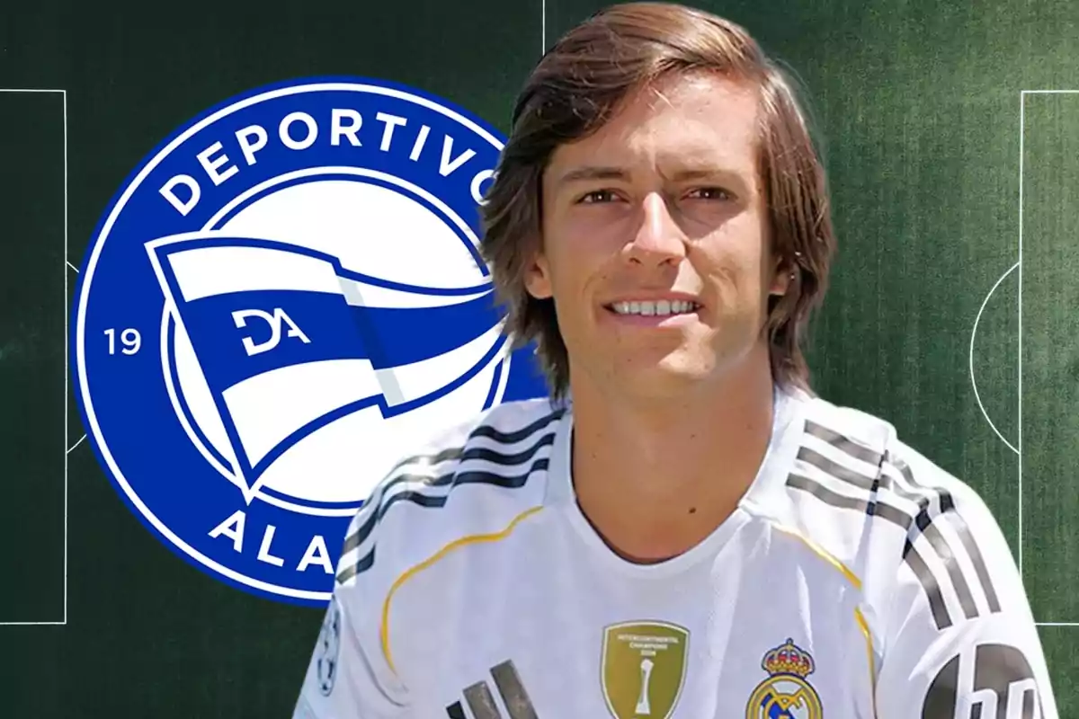 A player wearing a Real Madrid jersey posing in front of the Deportivo Alavés crest on a soccer field background