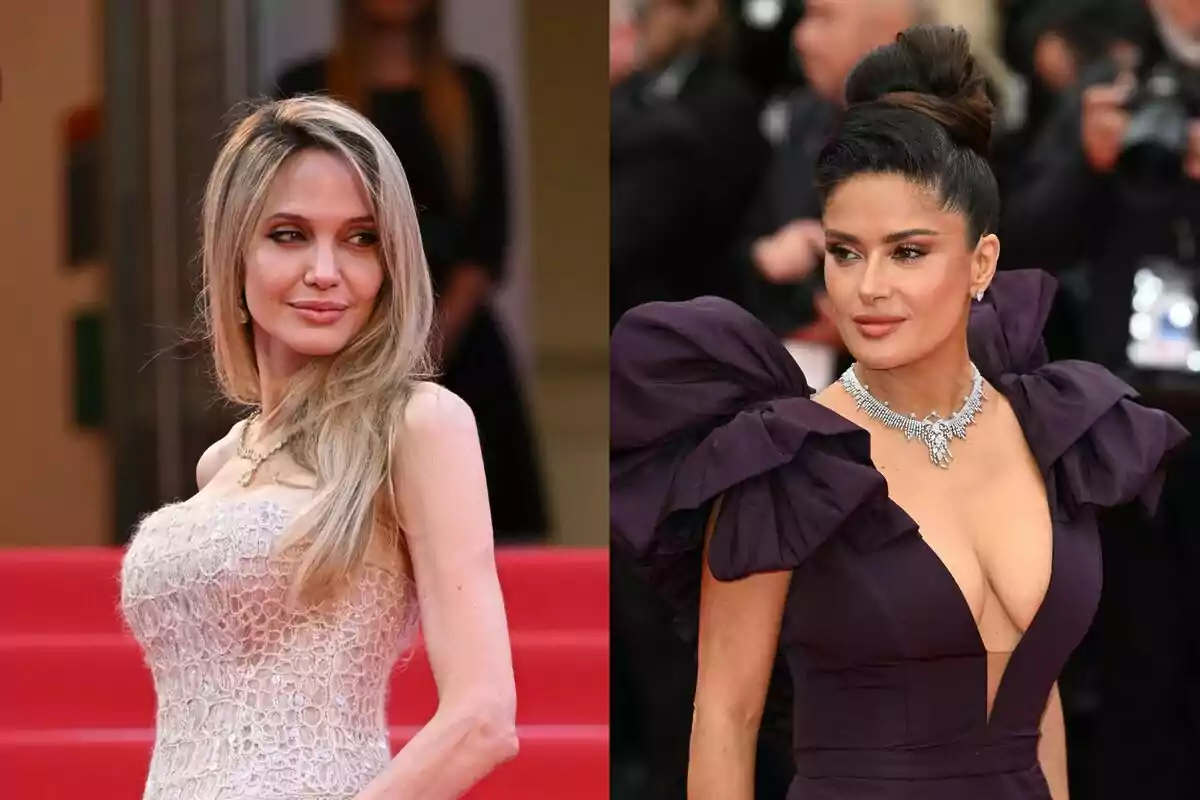 Salma Hayek and Angelina Jolie pose elegantly on a red carpet, one in a light dress with loose blonde hair, the other in a dark dress with a plunging neckline, wearing an updo and a striking necklace. Salma Hayek and Angelina Jolie pose elegantly on a red carpet, one in a light dress with loose blonde hair, the other in a dark dress with a plunging neckline, wearing an updo and a striking necklace.