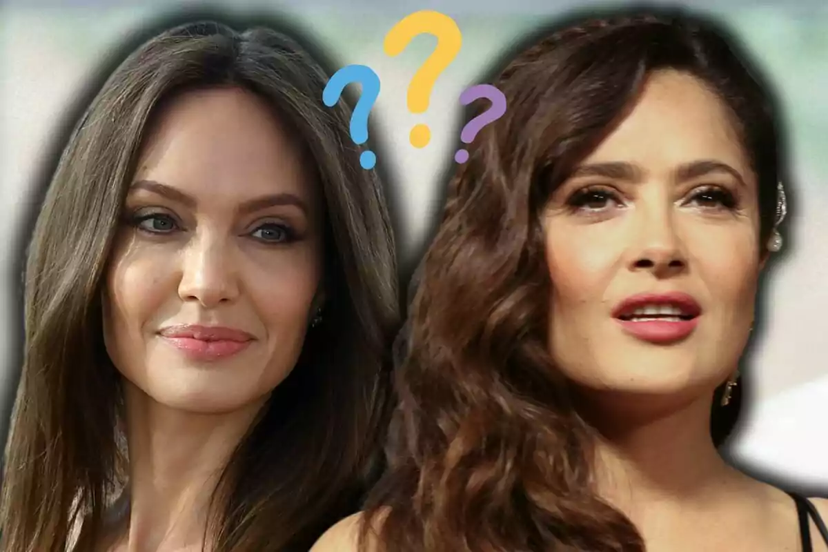Salma Hayek and Angelina Jolie with thoughtful expressions and colorful question marks above their heads