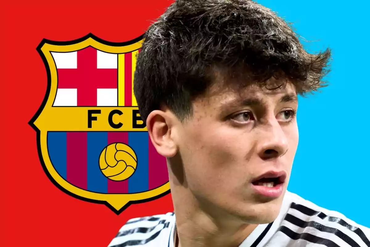 Young player wearing a black and white jersey in front of the FC Barcelona crest against a red and blue background