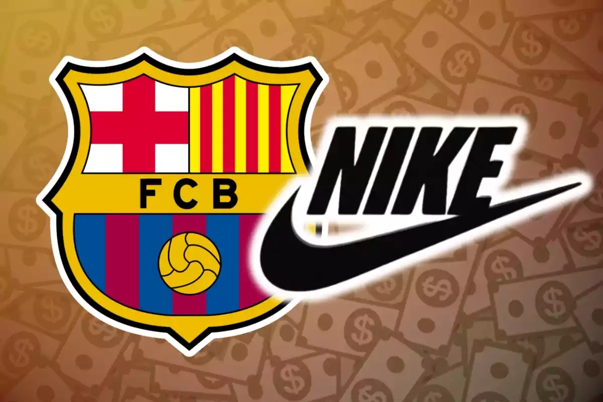 Escudo del FC Barcelona junto al logo de Nike sobre un fondo de billetes con símbolos de dólar