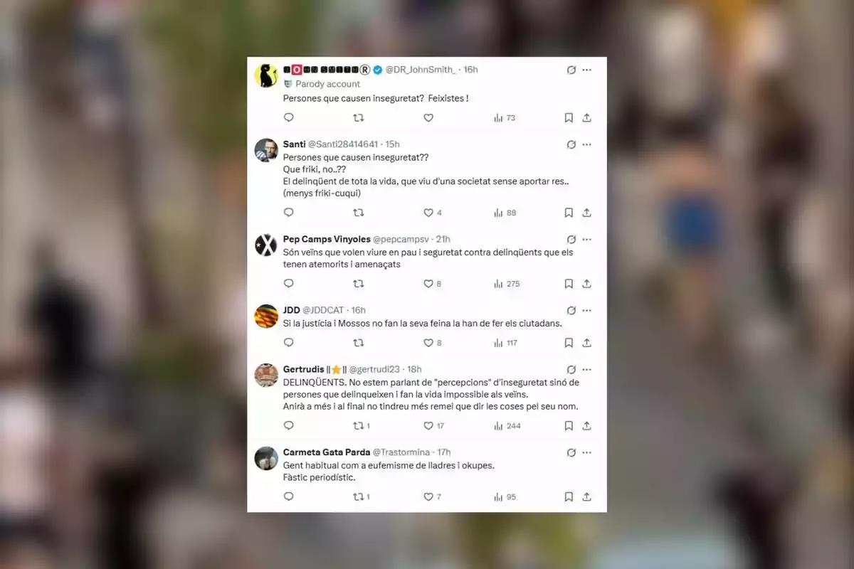 Captura de pantalla d’una conversa a Twitter on diversos usuaris debaten sobre el terme persones que causen inseguretat i la seva relació amb delinqüents i la percepció d’inseguretat a la societat Captura de pantalla d’una conversa a Twitter on diversos usuaris debaten sobre el terme persones que causen inseguretat i la seva relació amb delinqüents i la percepció d’inseguretat a la societat