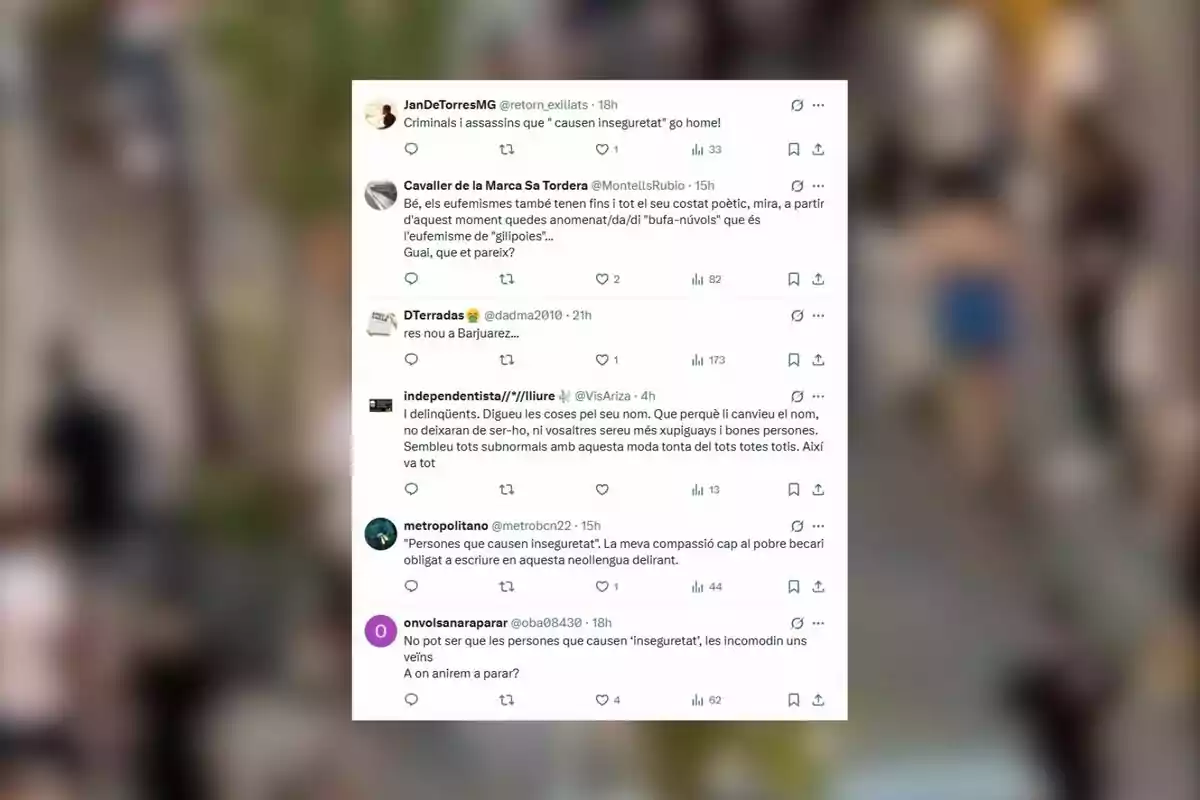 Captura de pantalla de diversos tuits en català i castellà que critiquen l’ús del terme persones que causen inseguretat Captura de pantalla de diversos tuits en català i castellà que critiquen l’ús del terme persones que causen inseguretat