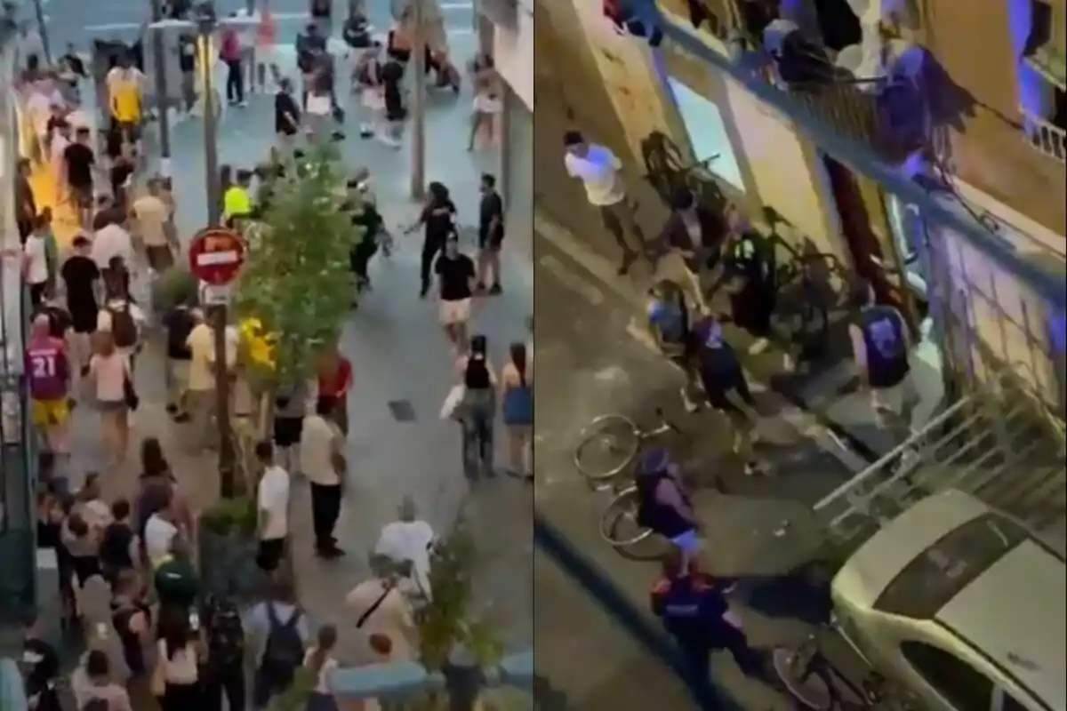 Crowds of people walking and gathered on an urban street during the day and night, some bicycles on the ground, and a police presence