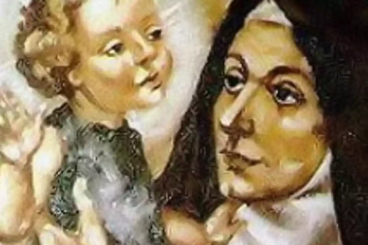 Pintura d’una dona amb hàbit religiós sostenint un nen petit amb cabells arrissats Pintura d’una dona amb hàbit religiós sostenint un nen petit amb cabells arrissats