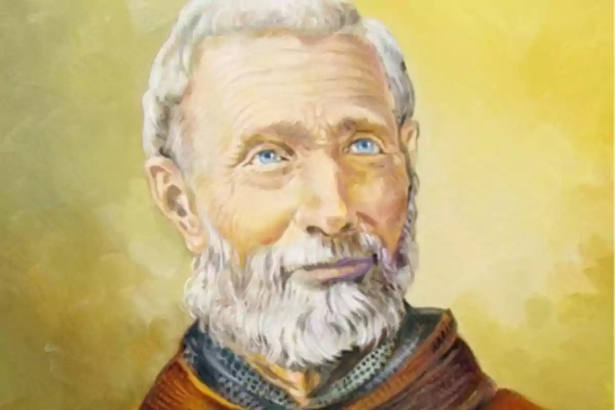 Retrat pintat d’un home gran de cabells i barba blancs, amb ulls blaus i expressió serena sobre un fons groc difuminat. Retrat pintat d’un home gran de cabells i barba blancs, amb ulls blaus i expressió serena sobre un fons groc difuminat.