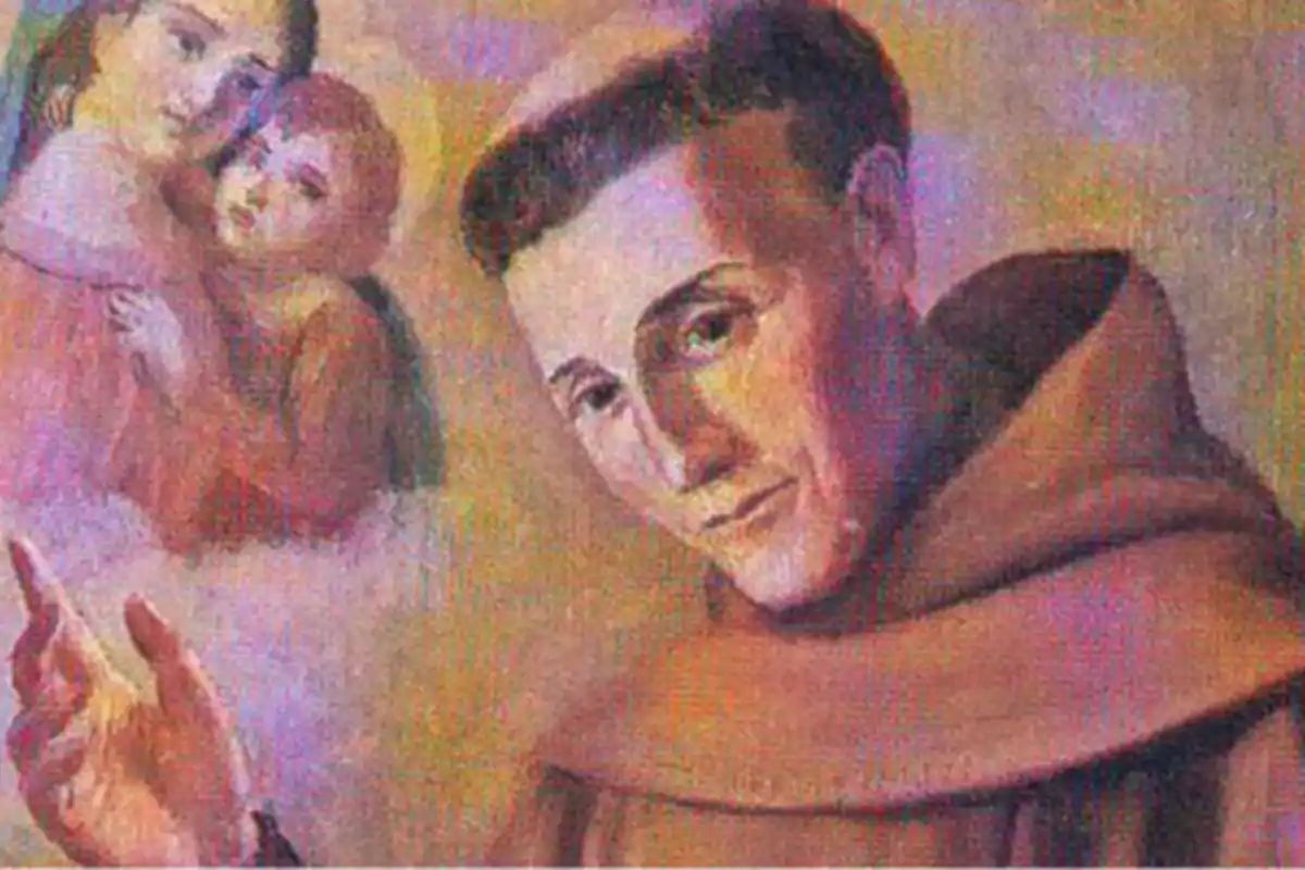 Pintura d’un frare franciscà amb hàbit marró al davant i al fons una figura femenina amb un nen en braços Pintura d’un frare franciscà amb hàbit marró al davant i al fons una figura femenina amb un nen en braços