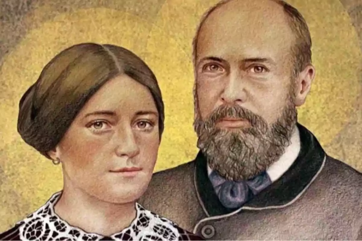 Il·lustració d’una dona i un home junts amb aurèoles daurades darrere dels seus caps Il·lustració d’una dona i un home junts amb aurèoles daurades darrere dels seus caps