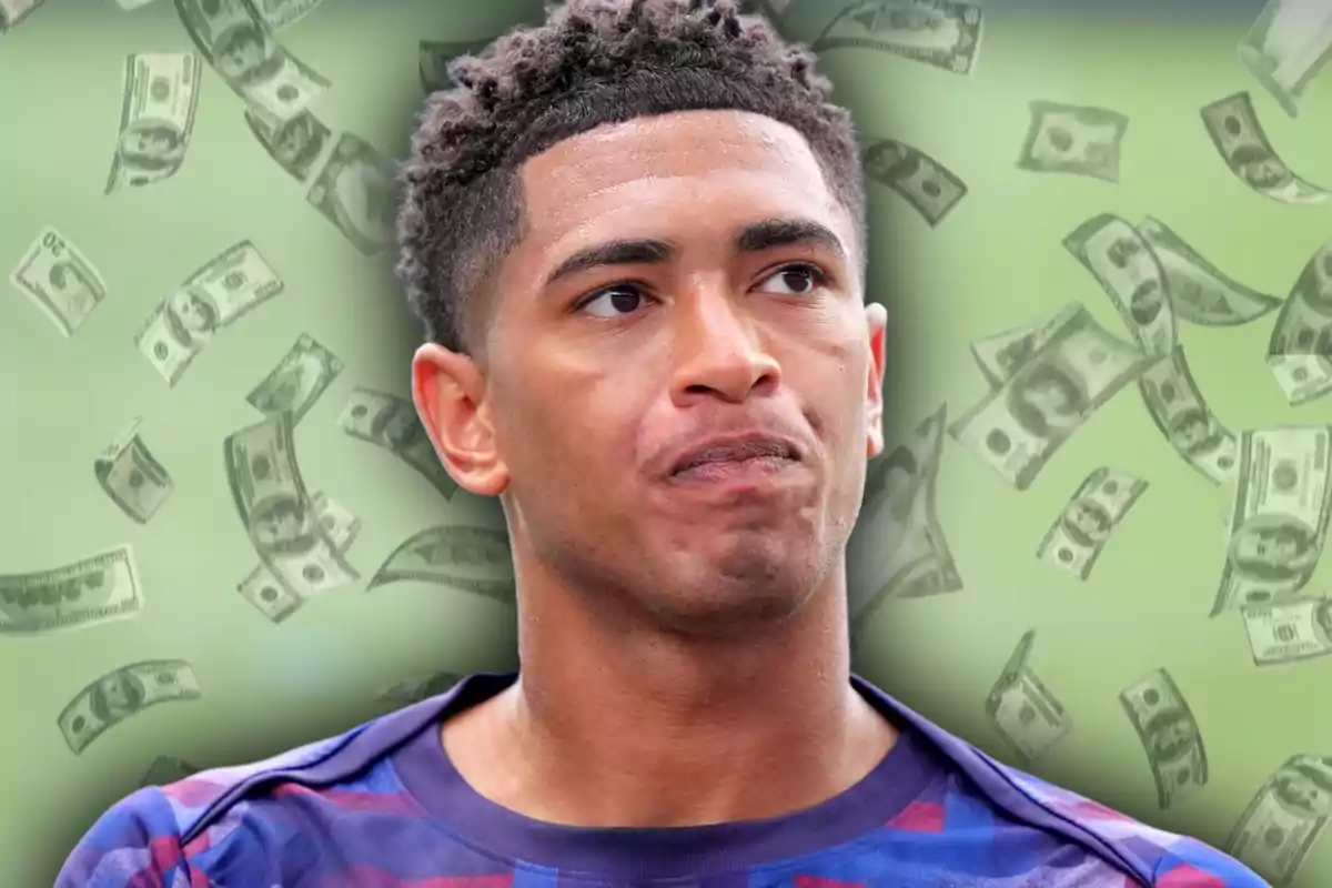 A young man with a serious expression in front of a background with floating bills