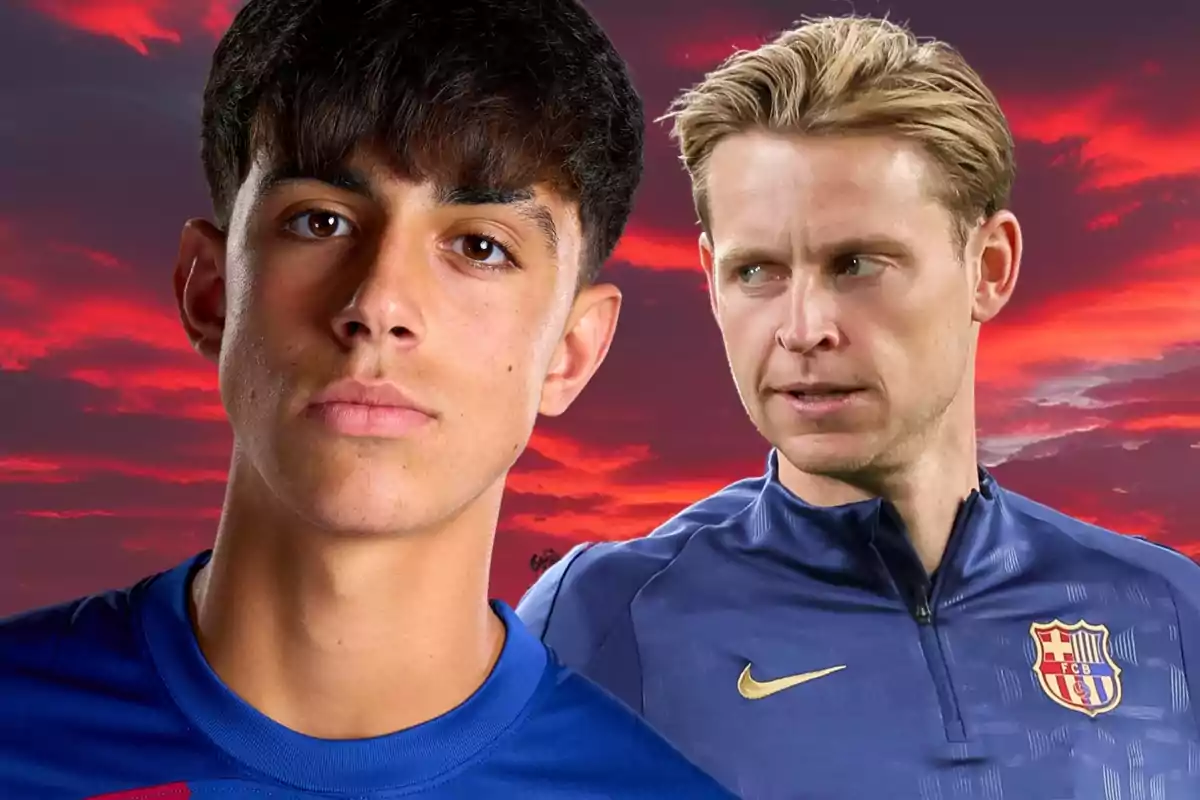 Two FC Barcelona players in blue uniforms pose in front of a red sunset sky.