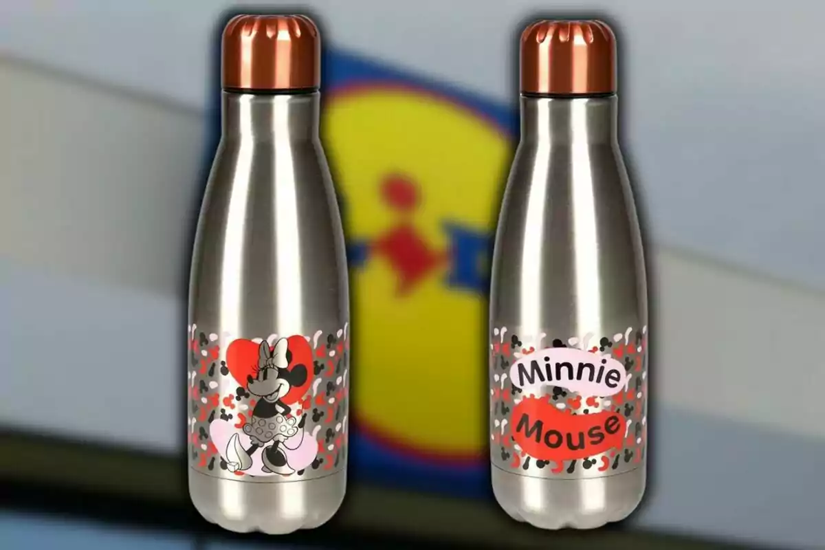 Two stainless steel bottles with copper-colored lids and a Minnie Mouse design against a blurred background of a yellow and blue logo. Two stainless steel bottles with copper-colored lids and a Minnie Mouse design against a blurred background of a yellow and blue logo.