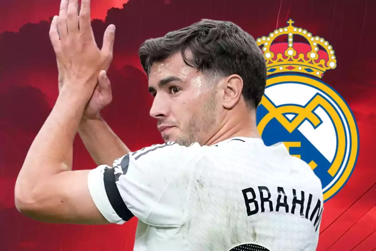 Soccer player in a white jersey applauding in front of the Real Madrid crest and a red background